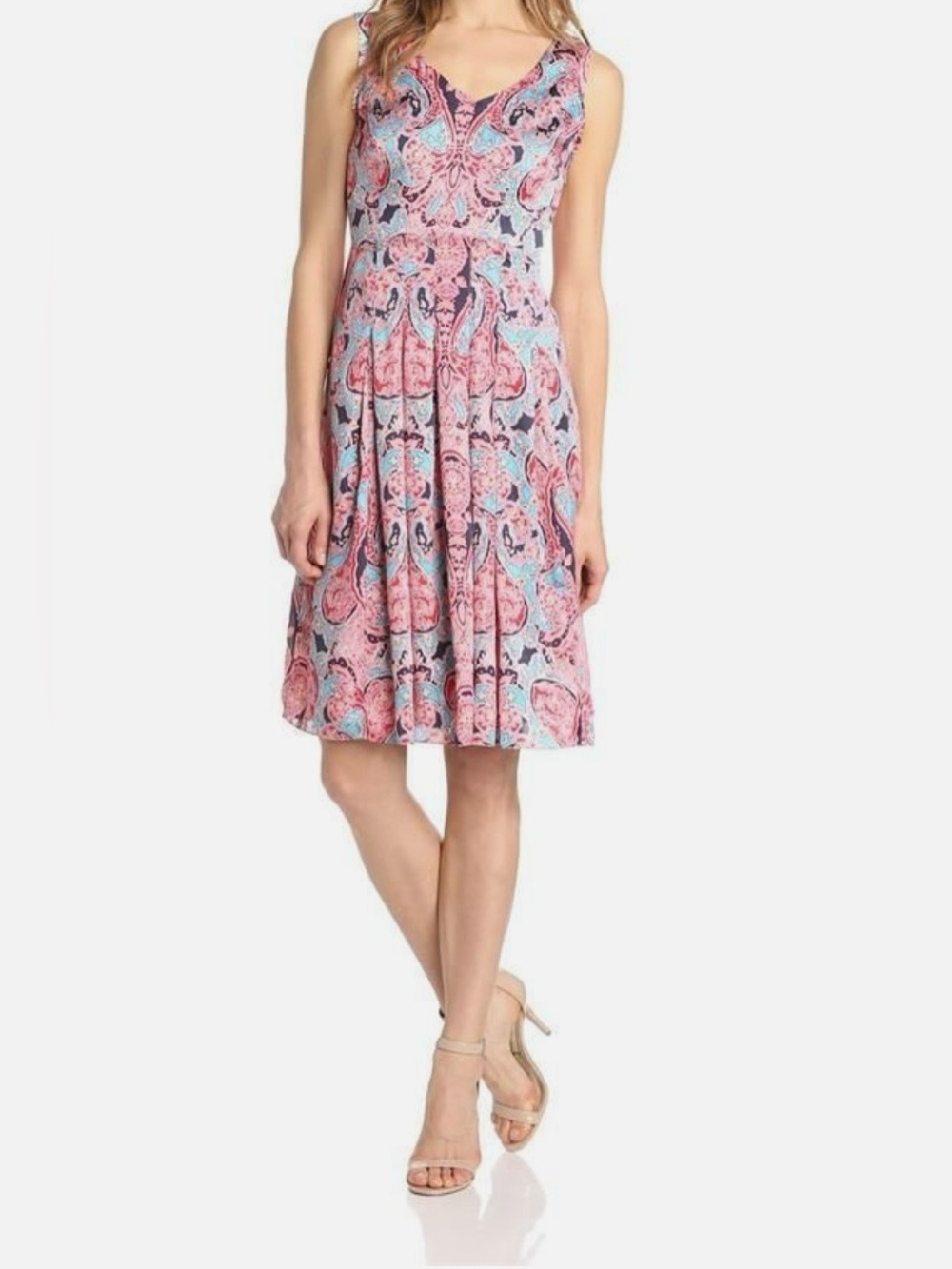 JONES NEW YORK Multi Satin Sleeveless Pleated Lined Casual Dress Size 6